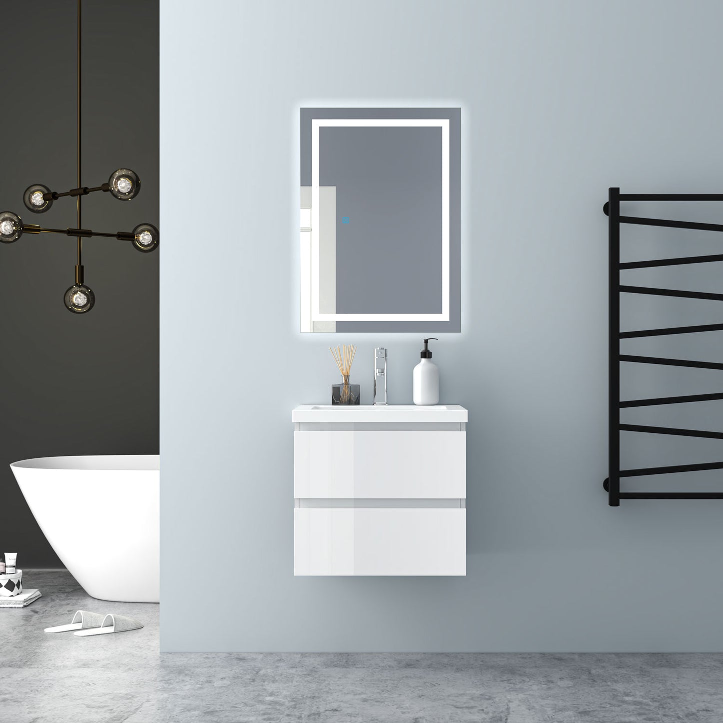 Badezimmermöbel 50cm Mineralguss Waschtisch mit Unterschrank Badmöbel set Badezimmerschränke mit 2 Soft-Close Schubladen Hochglanz Weiß