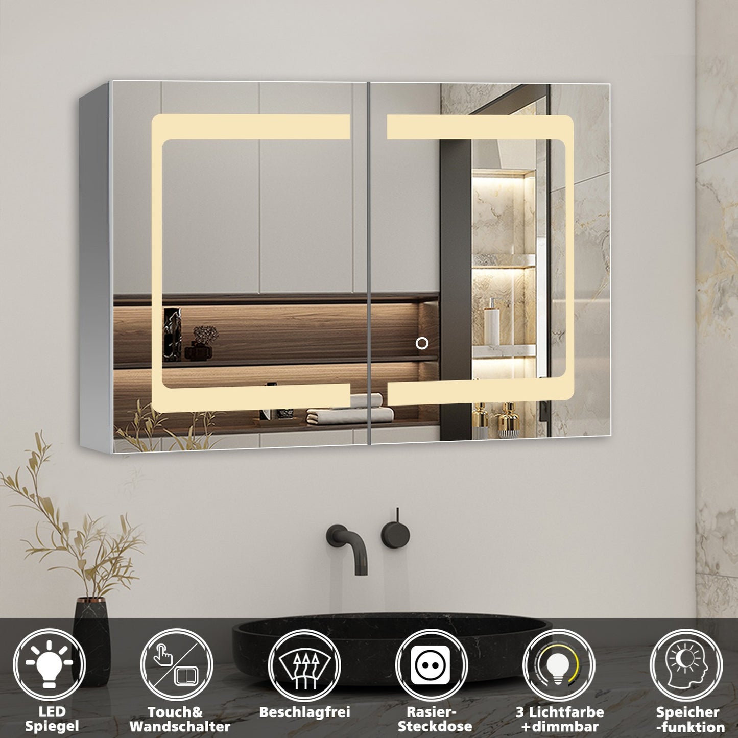 LED Spiegelschrank 80x60cm mit Wand/Touchschalter,Beschlagfrei,3 Lichtfarbe 2700-6500K Dimmbar und Rasier steckdose,Aluminium, Softclose