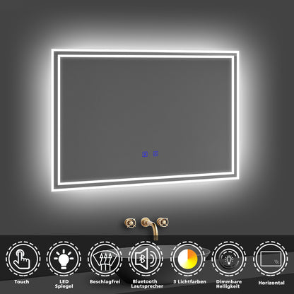 LED Badspiegel 80x60 cm Bluetooth TOUCH BESCHLAGFREI Wandspiegel Kalt/Neutral/Warmweiß ,Dimmbar