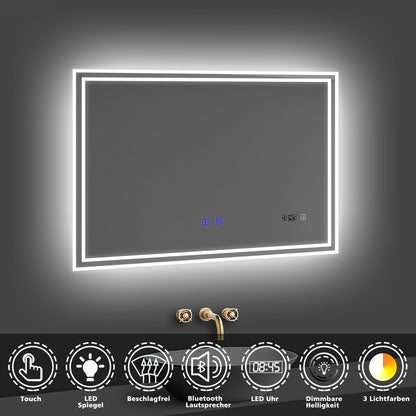 LED Badspiegel 80x60 cm Bluetooth Uhr TOUCH BESCHLAGFREI Wandspiegel Kalt/Neutral/Warmweiß ,Dimmbar