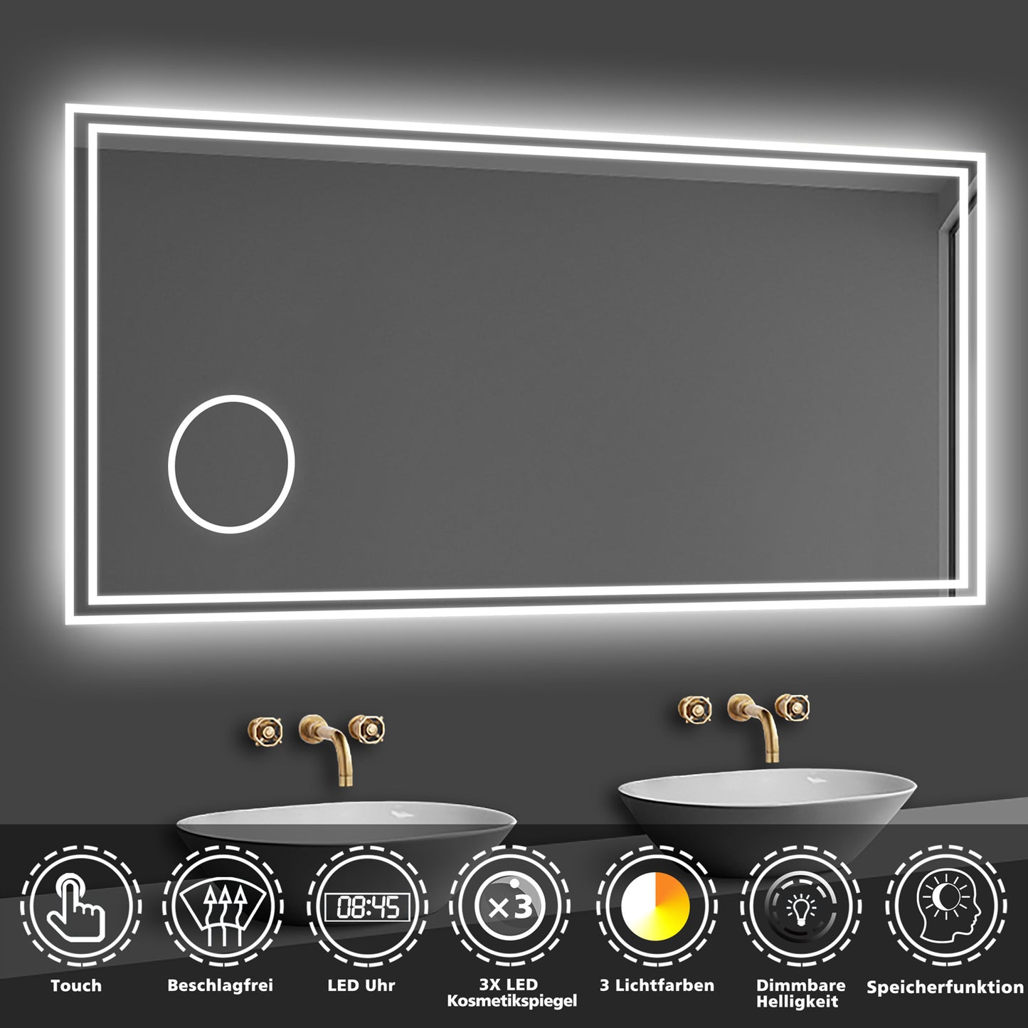 LED Badspiegel 100×60cm Uhr, Touch, Beschlagfrei, 3 Lichtfarbe 2700-6500K ,3x Lupe,Dimmbar,Wandspiegel