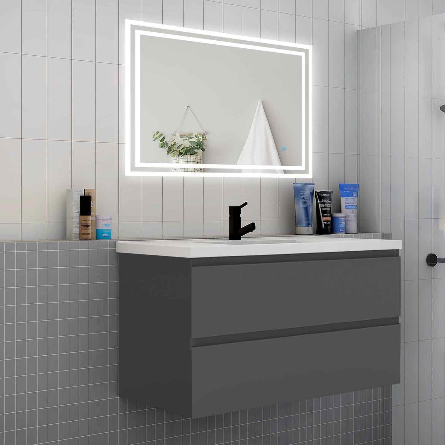 Badmöbel Set 100 cm Anthrazit Waschbecken mit Unterschrank Soft-Close