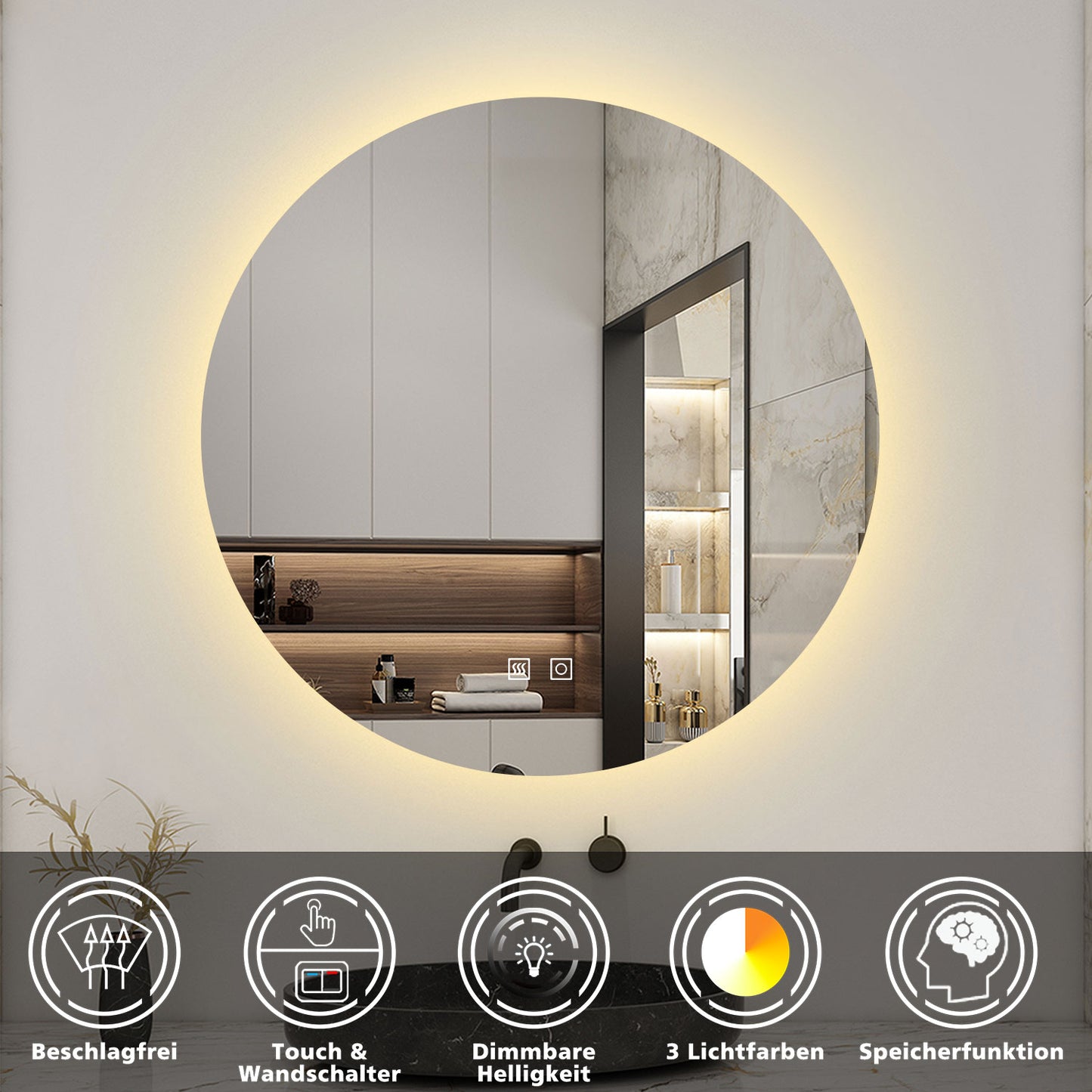 Rund Badspiegel 100cm LED Wandspiegel mit Touch/Wandschalter Beschlagfrei 3 Lichtfarbe+Dimmbar Badezimmerspiegel mit Beleuchtung IP44