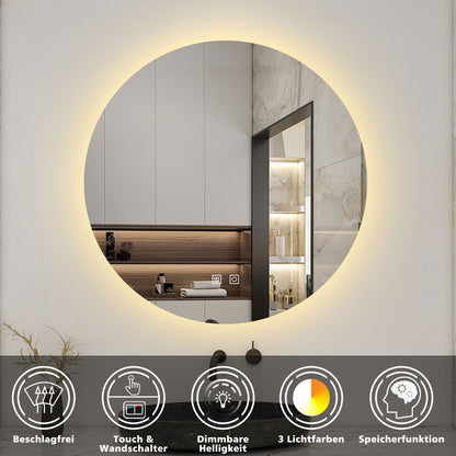 Rund Badspiegel 100cm LED Wandspiegel mit Touch/Wandschalter Beschlagfrei 3 Lichtfarbe+Dimmbar Badezimmerspiegel mit Beleuchtung IP44