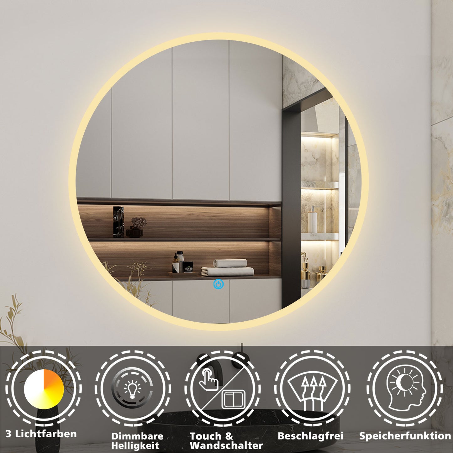 Rund LED Spiegel 60cm, Wandspiegel mit Touch/Wandschalter Beschlagfrei 3 Lichfarbe Dimmbar Runder Spiegel mit LED Beleuchtung IP44