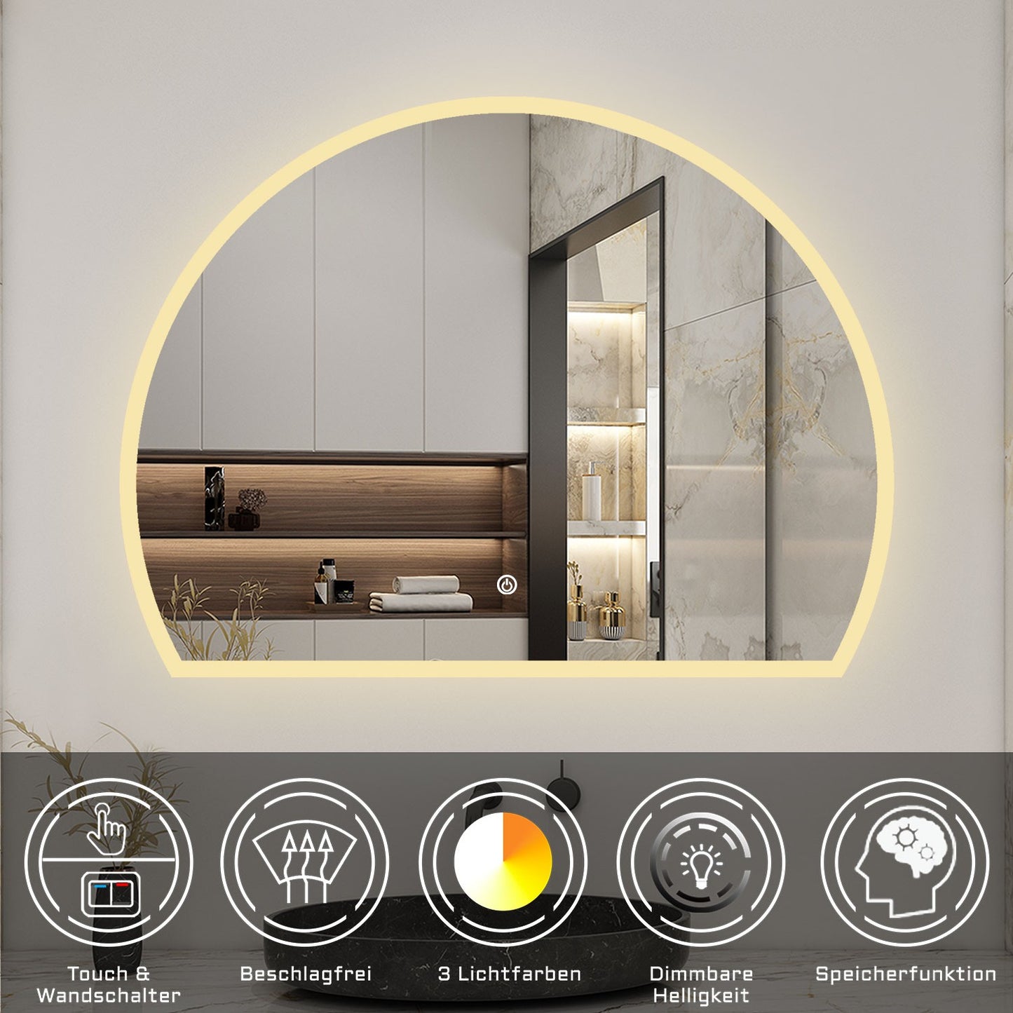 LED Badspiegel 80x60cm Halbrund Badspiegel mit Beleuchtung Anti-Beschlag Wand/Touchschalter 3 Lichfarbe Dimmbar Kalt/Neutral/Warmweiß Badezimmerspiegel Lichtspiegel IP44