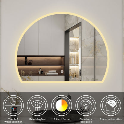 LED Badspiegel 80x60cm Halbrund Badspiegel mit Beleuchtung Anti-Beschlag Wand/Touchschalter 3 Lichfarbe Dimmbar Kalt/Neutral/Warmweiß Badezimmerspiegel Lichtspiegel IP44