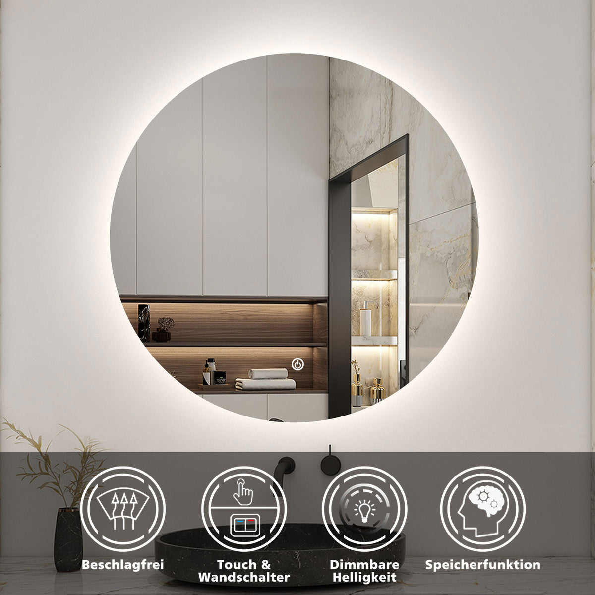 CEIEVER Badspiegel Mit Beleuchtung Rund, LED Spiegel Wandspiegel Mit 3 Lichtfarbe Dimmbar And Touch Schalter Badezimmerspiegel Mit Entfoggen,für Wohnzimmer (80X80CM