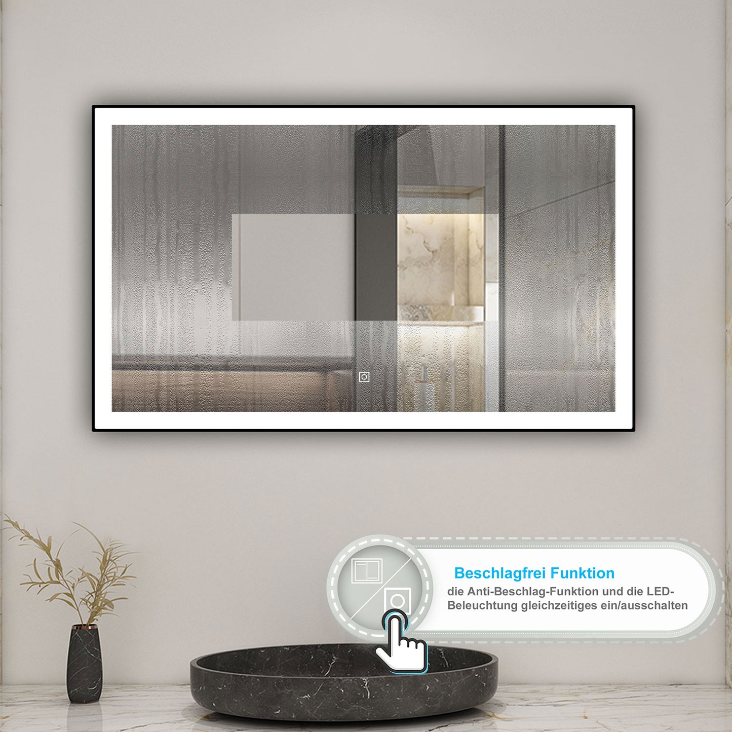 LED Wandspiegel 120x70cm Beschlagfrei Touch/Wandschalter 3 Lichtfarbe +Dimmbar Badspiegel mit Beleuchtung Badezimmerspiegel mit Schwarz Rahmen IP44