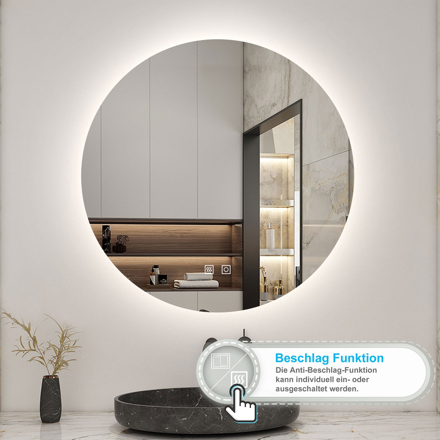 Rund Badspiegel 100cm LED Wandspiegel mit Touch/Wandschalter Beschlagfrei 3 Lichtfarbe+Dimmbar Badezimmerspiegel mit Beleuchtung IP44