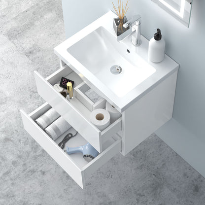 Badezimmermöbel 50cm Mineralguss Waschtisch mit Unterschrank Badmöbel set Badezimmerschränke mit 2 Soft-Close Schubladen Hochglanz Weiß