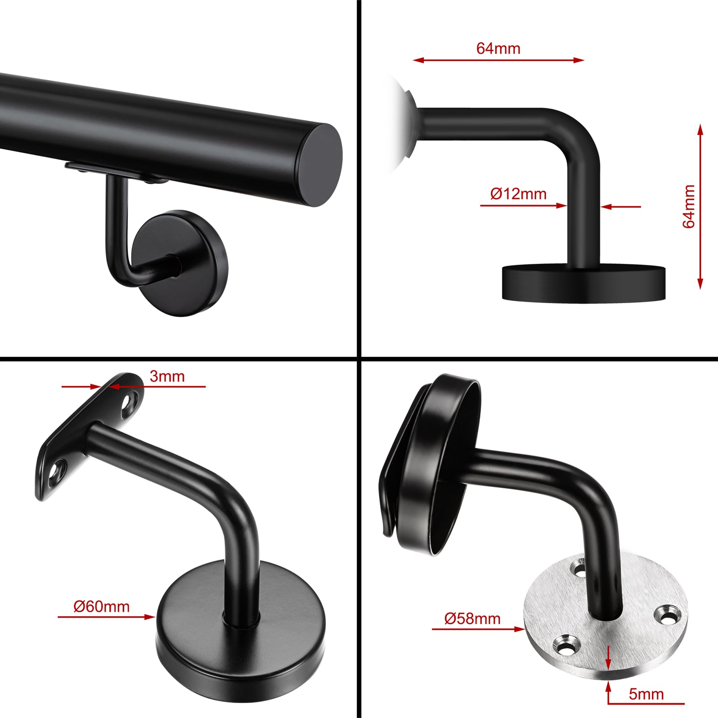 OZEAN Wandhandlauf Edelstahl 80-240 cm | 3mm verstärkte Lasche & 5mm Basis | Silber/Schwarz/Holzoptik
