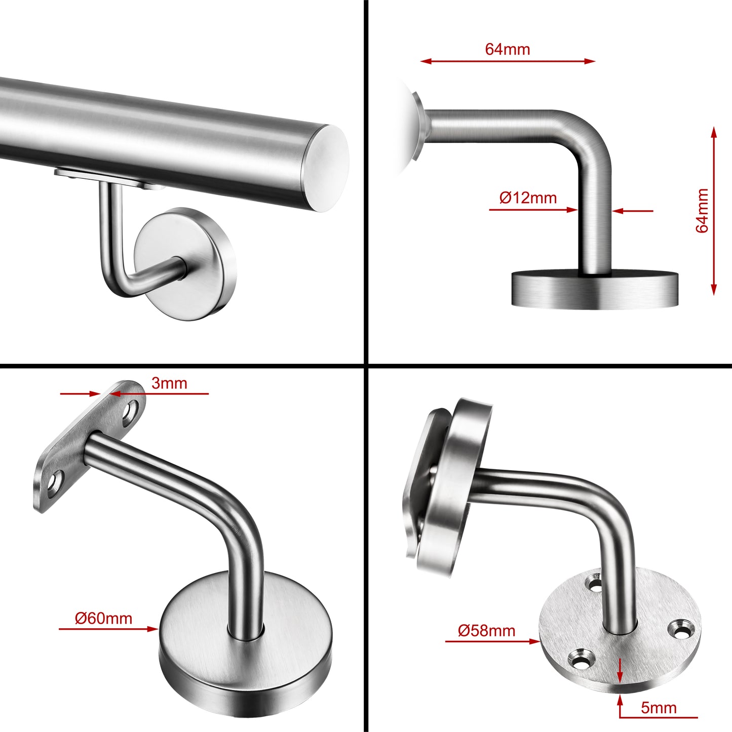 OZEAN Wandhandlauf Edelstahl 80-240 cm | 3mm verstärkte Lasche & 5mm Basis | Silber/Schwarz/Holzoptik