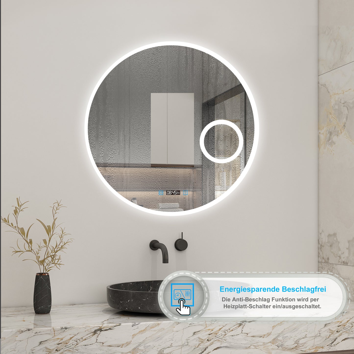 LED Badspiegel Rund 60cm mit Touch/Wandschalter Beschlagfrei Kalt/Neutral/Warmweiß Dimmbar Badezimmerspiegel mit Uhr und 3-Fach Kosmetikspiegel IP44