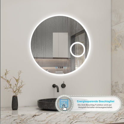 LED Badspiegel Rund 60cm mit Touch/Wandschalter Beschlagfrei Kalt/Neutral/Warmweiß Dimmbar Badezimmerspiegel mit Uhr und 3-Fach Kosmetikspiegel IP44