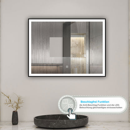 LED Wandspiegel 90x70cm Beschlagfrei Touch/Wandschalter 3 Lichtfarbe +Dimmbar Badspiegel mit Beleuchtung Badezimmerspiegel mit Schwarz Rahmen IP44