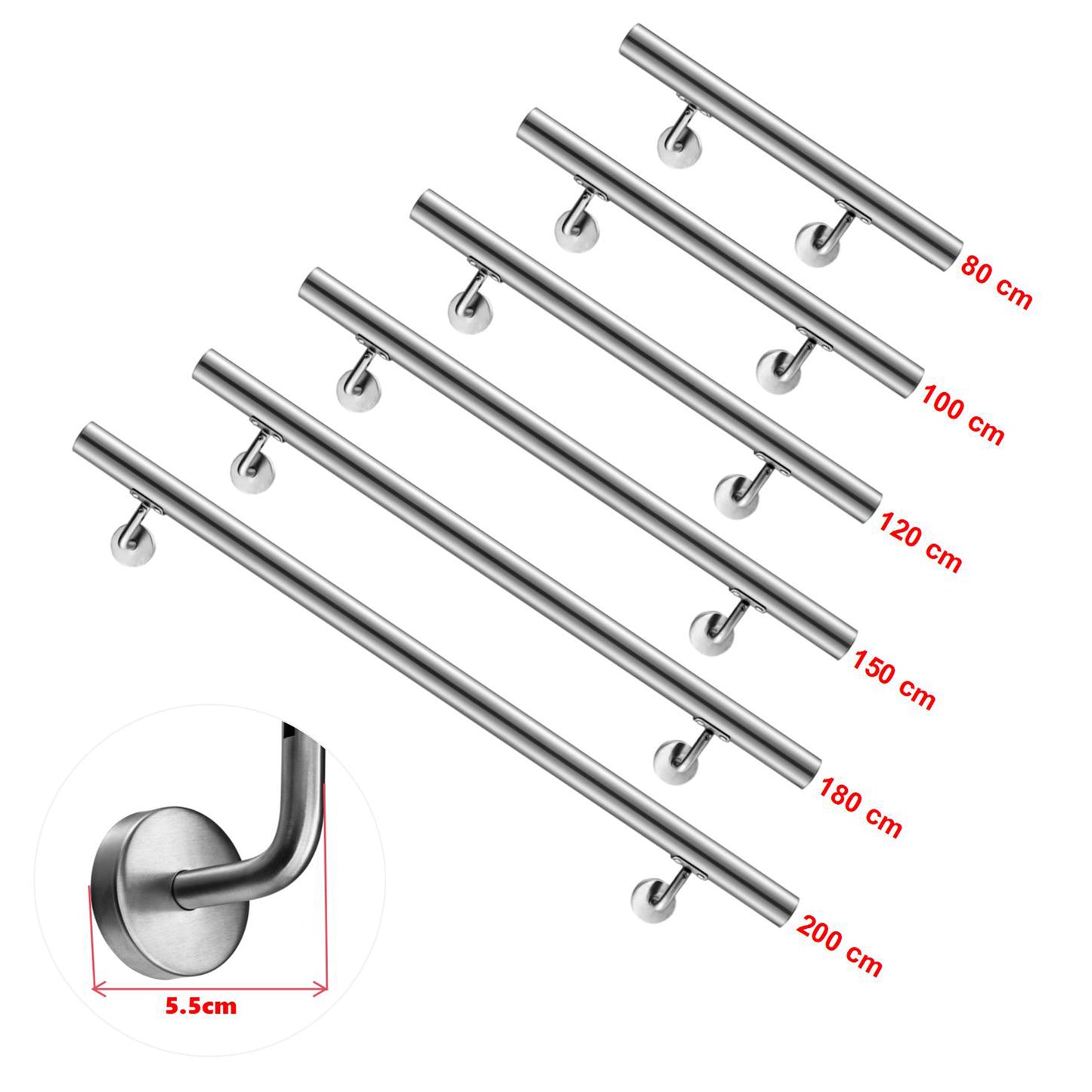 OZEAN Edelstahl Wandhandlauf Set - Silber - 80cm bis 200cm | Treppengeländer für Innen & Außen