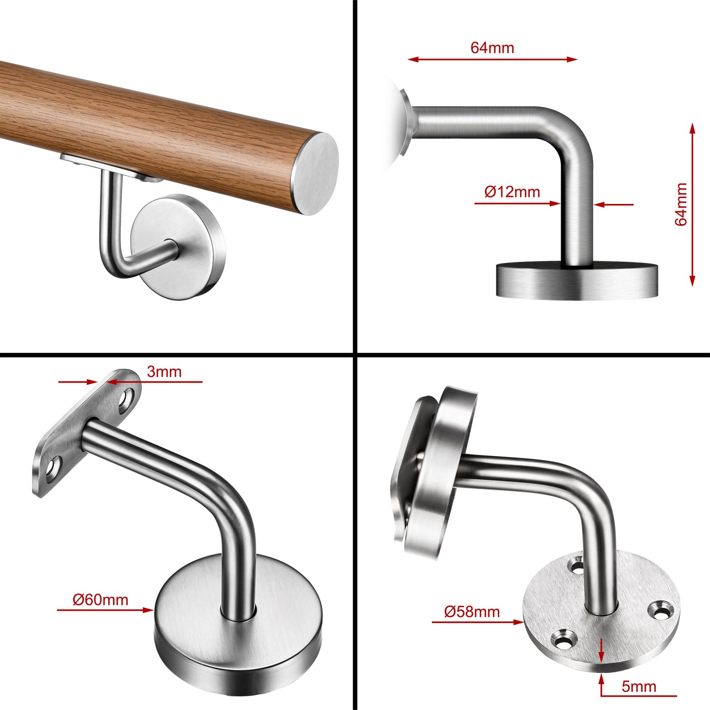 OZEAN Wandhandlauf Edelstahl 80-240 cm | 3mm verstärkte Lasche & 5mm Basis | Silber/Schwarz/Holzoptik