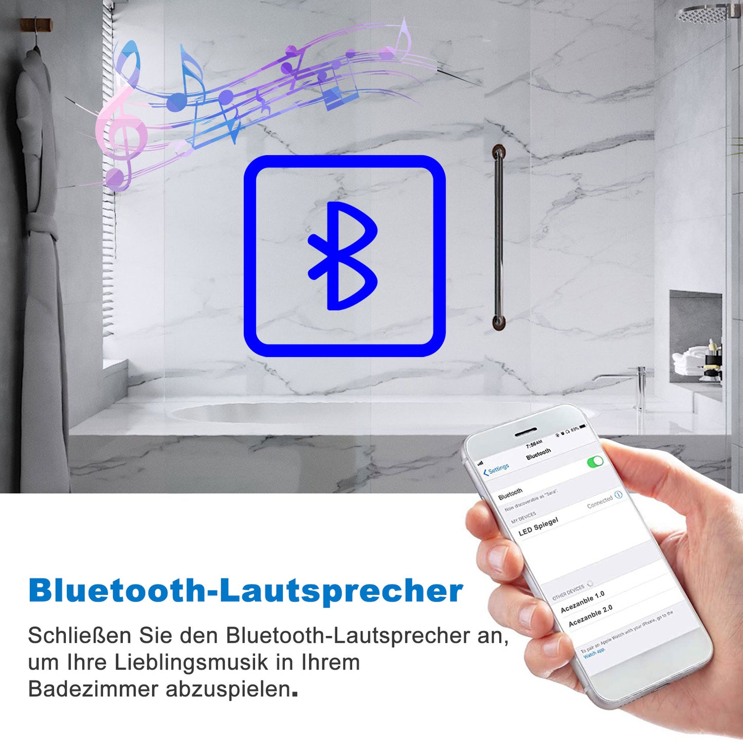 LED Badspiegel 120x70 cm Bluetooth Uhr 3-Facher Schminkspiegel TOUCH Anti-Beschlag  Kalt/Neutral/Warmweiß ,Dimmbar