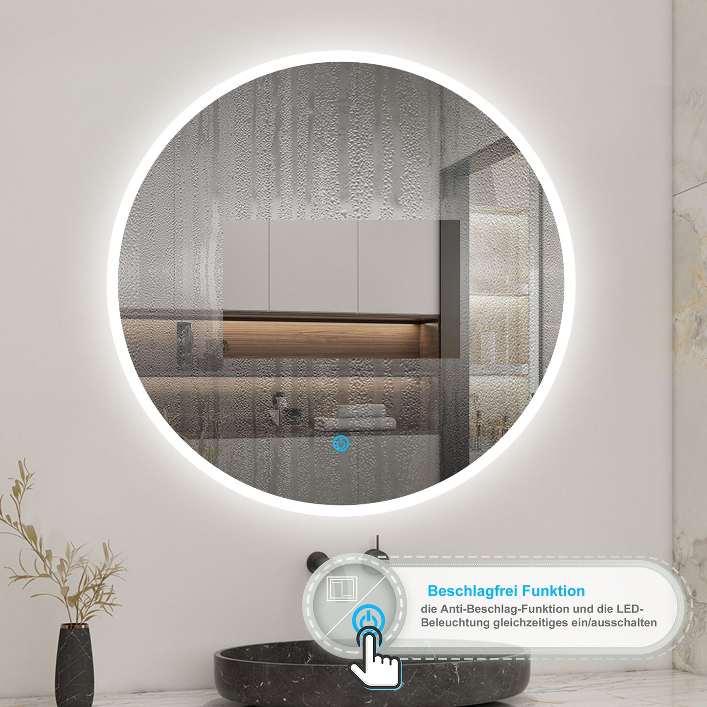 Rund LED Spiegel 60cm, Wandspiegel mit Touch/Wandschalter Beschlagfrei 3 Lichfarbe Dimmbar Runder Spiegel mit LED Beleuchtung IP44