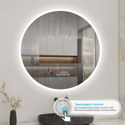 Rund LED Spiegel 60cm, Wandspiegel mit Touch/Wandschalter Beschlagfrei 3 Lichfarbe Dimmbar Runder Spiegel mit LED Beleuchtung IP44