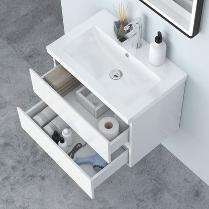 Badezimmermöbel 60cm Mineralguss Waschtisch mit Unterschrank Badmöbel set Badezimmerschränke mit 2 Soft-Close Schubladen Hochglanz Weiß
