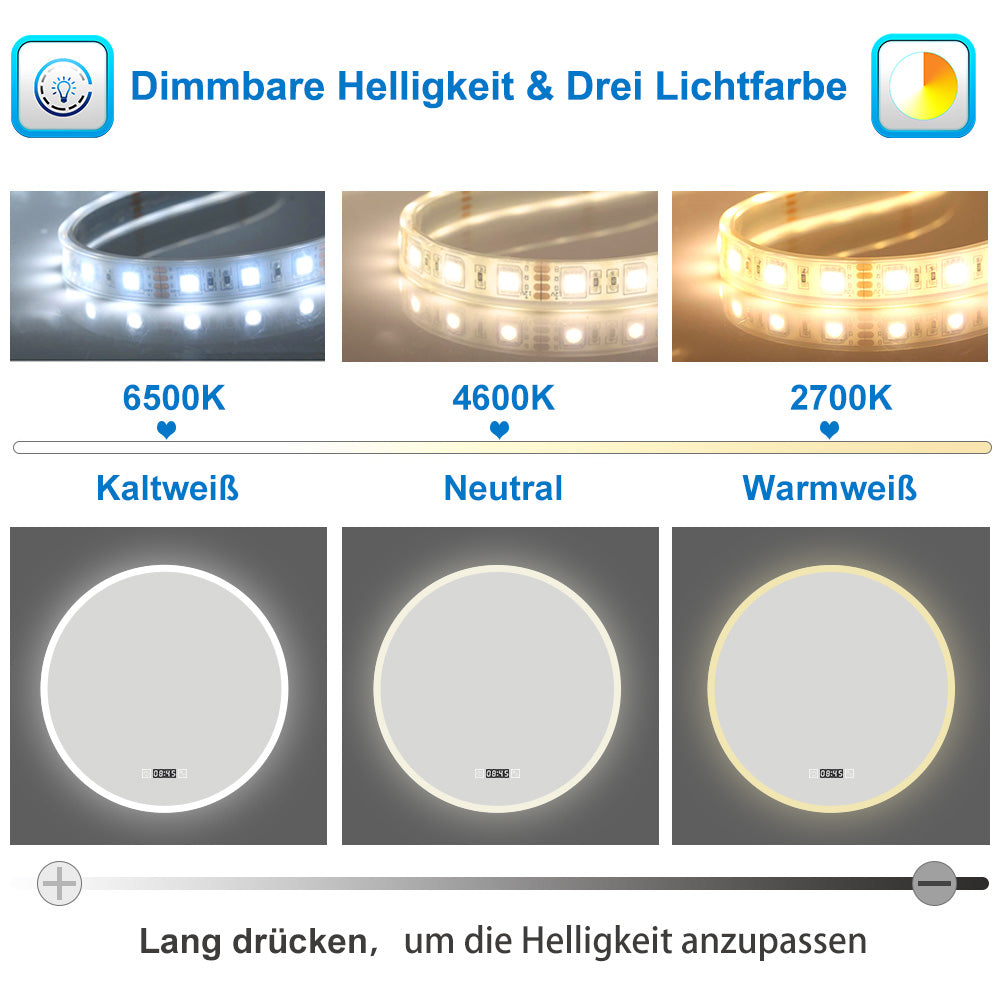 LED Spiegel Rund 80 cm Kalt/Warmweiß dimmbar Uhr TOUCH BESCHLAGFREI Wandspiegel