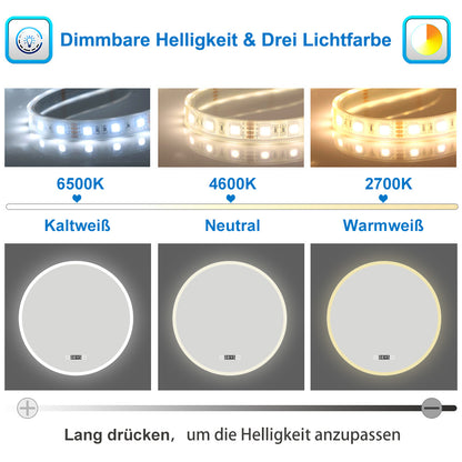 LED Spiegel Rund 80 cm Kalt/Warmweiß dimmbar Uhr TOUCH BESCHLAGFREI Wandspiegel