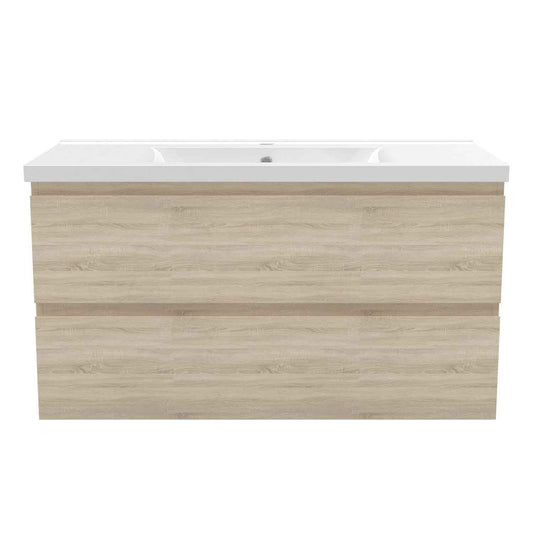 Badmöbel Set 100 cm  Vormontiert Eiche Natur Waschbecken mit Unterschrank inkl. 2-Schubladen Soft-Close Funktion