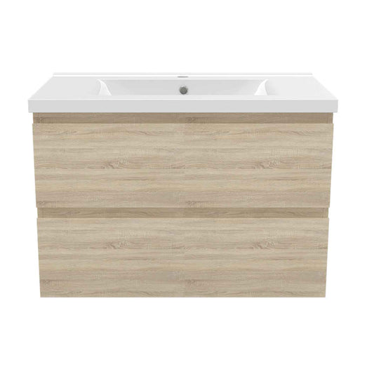 Badmöbel Set 80 cm  Vormontiert Eiche Natur Waschbecken mit Unterschrank inkl. 2-Schubladen Soft-Close Funktion