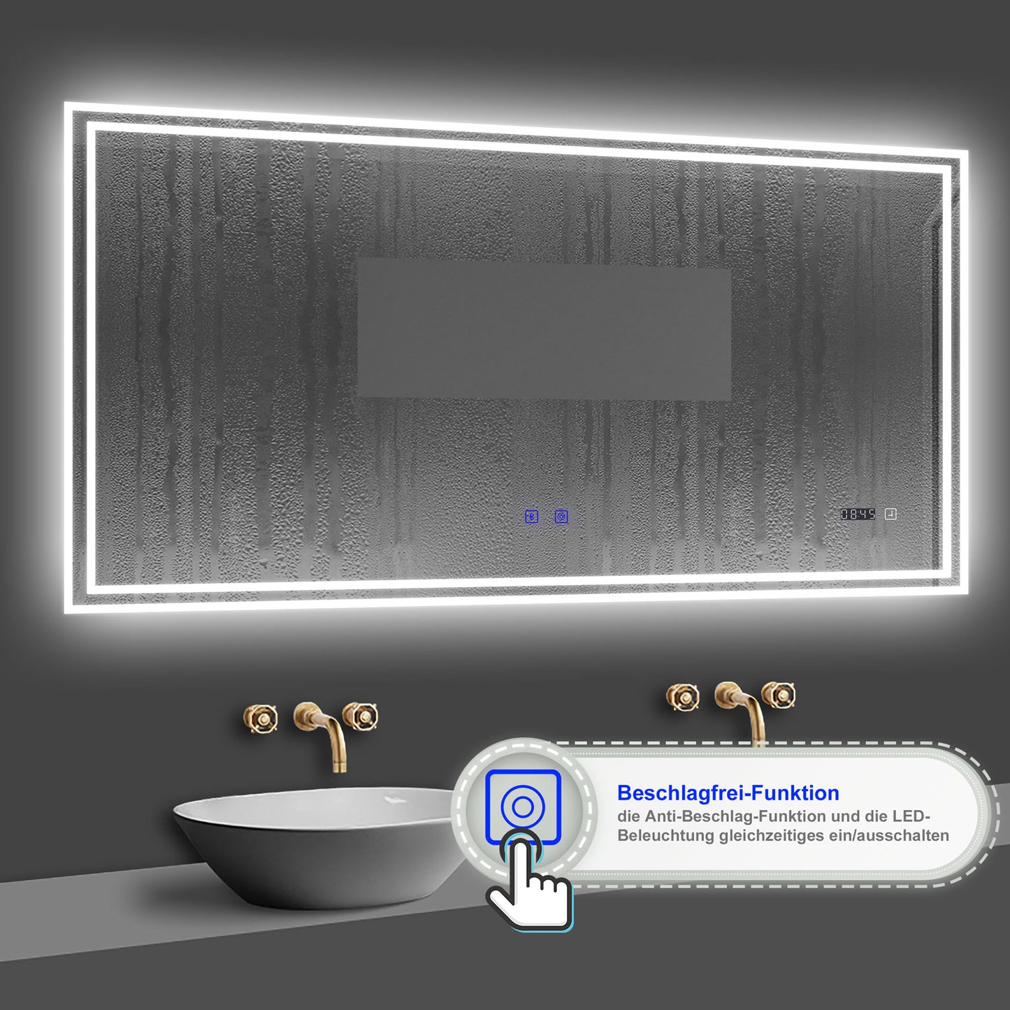 LED Badspiegel 120x70 cm Bluetooth Uhr TOUCH BESCHLAGFREI Wandspiegel Kalt/Neutral/Warmweiß ,Dimmbar