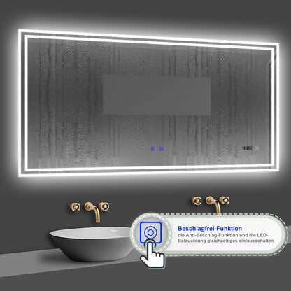 LED Badspiegel 120x70 cm Bluetooth Uhr TOUCH BESCHLAGFREI Wandspiegel Kalt/Neutral/Warmweiß ,Dimmbar