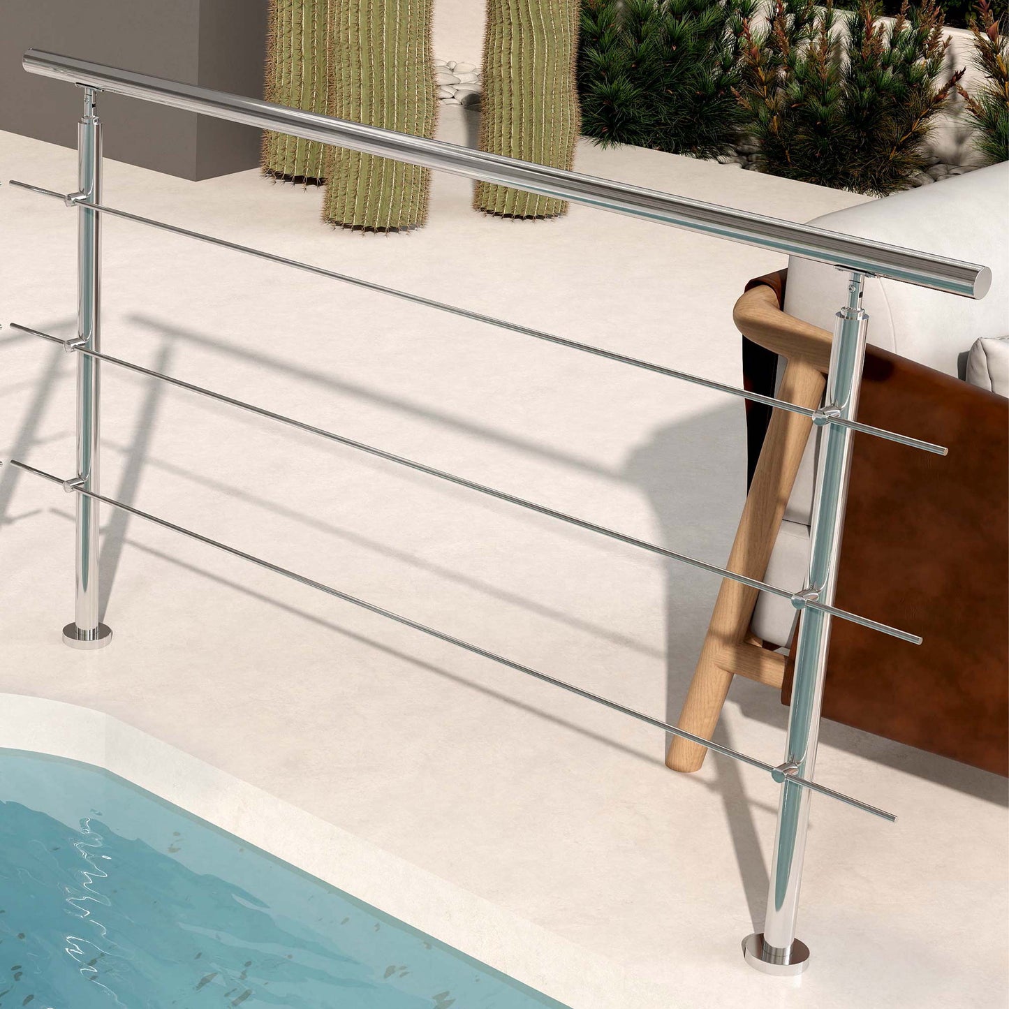 OZEAN Treppengeländer Edelstahl mit 3 Querstreben | 80 - 200 cm | 1,8mm Wandstärke Bodenmontage Silber