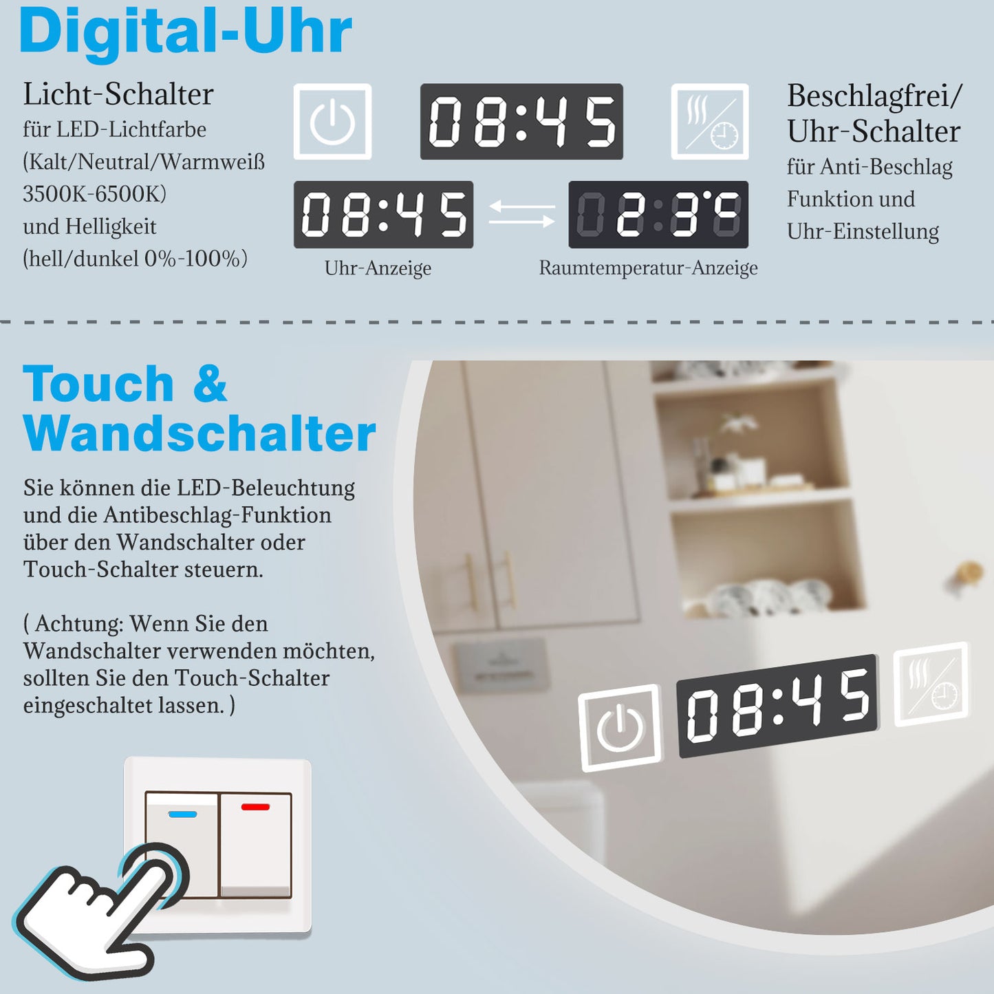 LED Badspiegel Rund 70cm mit Touch/Wandschalter Beschlagfrei Kalt/Neutral/Warmweiß Dimmbar Badezimmerspiegel mit Uhr und 3-Fach Kosmetikspiegel IP44