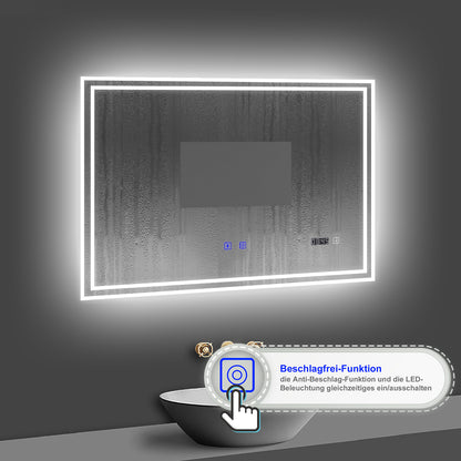 LED Badspiegel 80x60 cm Bluetooth Uhr TOUCH BESCHLAGFREI Wandspiegel Kalt/Neutral/Warmweiß ,Dimmbar
