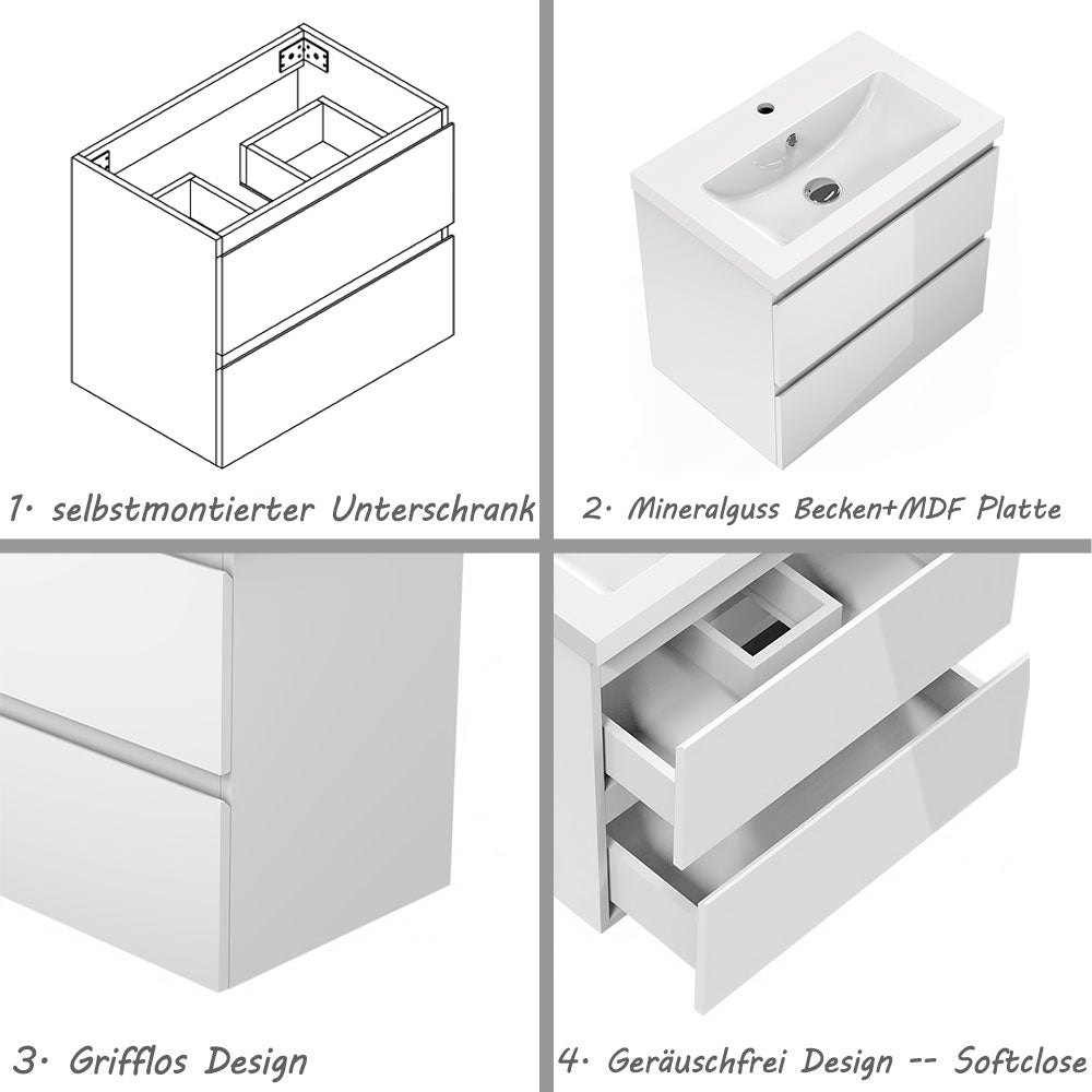 Badezimmermöbel 60cm Mineralguss Waschtisch mit Unterschrank Badmöbel set Badezimmerschränke mit 2 Soft-Close Schubladen Hochglanz Weiß