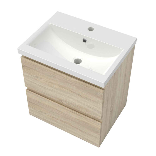 Badmöbel Set 50 cm  Vormontiert Eiche Natur Waschbecken mit Unterschrank inkl. 2-Schubladen Soft-Close Funktion