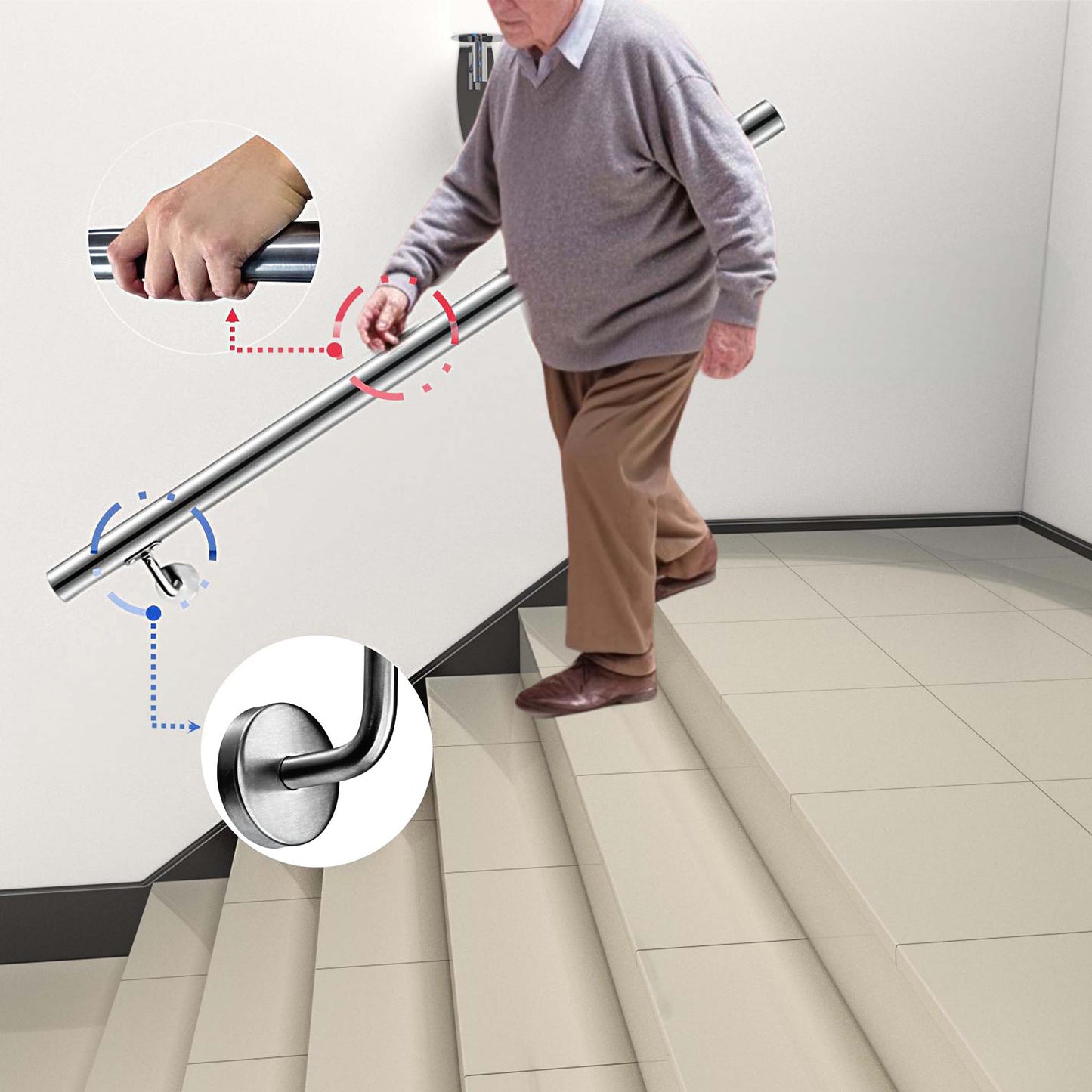 150 cm Handlauf Edelstahl Außentreppe, Wandhandlauf, Treppengeländer Edelstahl Innen und Außen