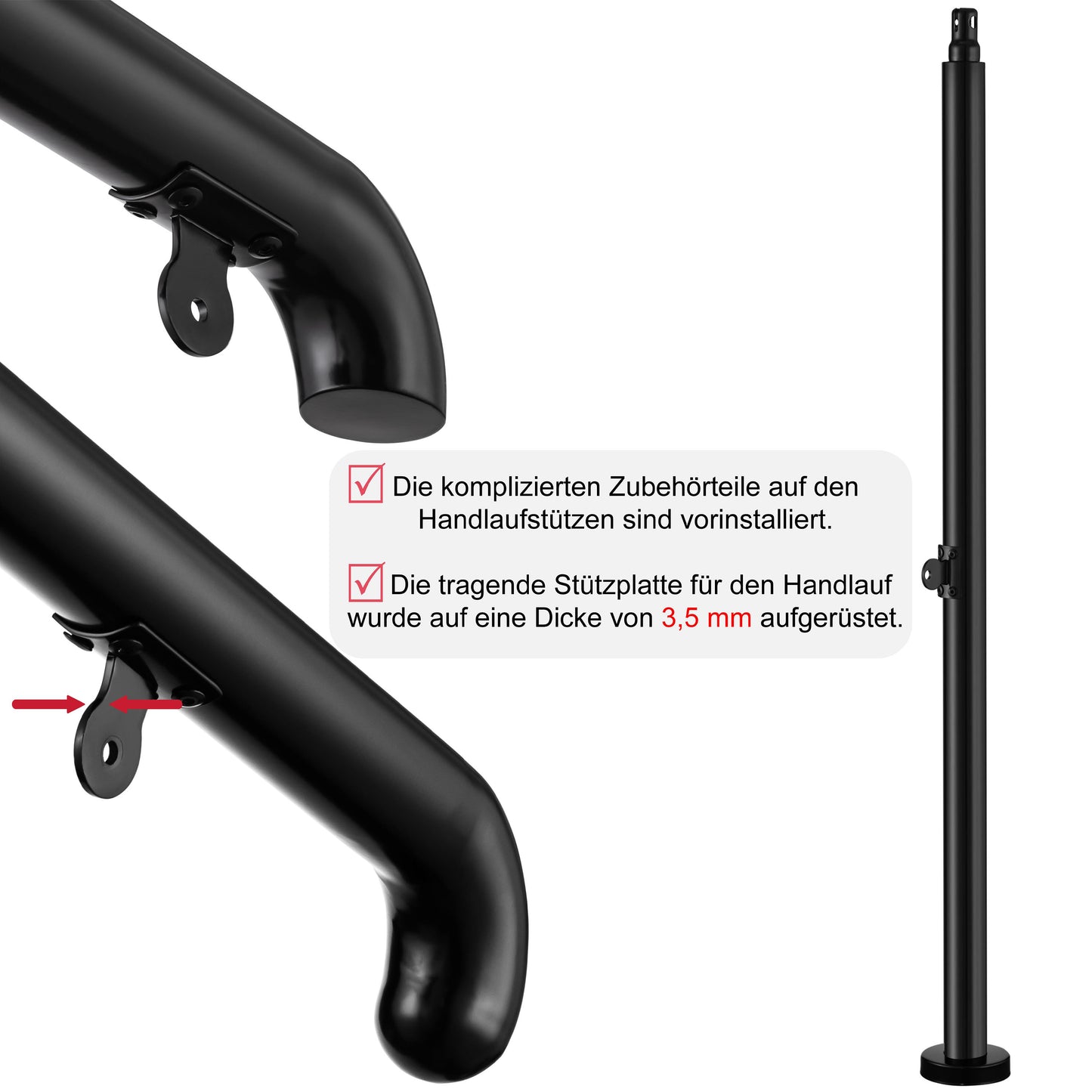 OZEAN Eingangsgeländer Edelstahl verstellbar für 2-5 Stufen | 3.5mm verstärkte Platte | Silber/Schwarz