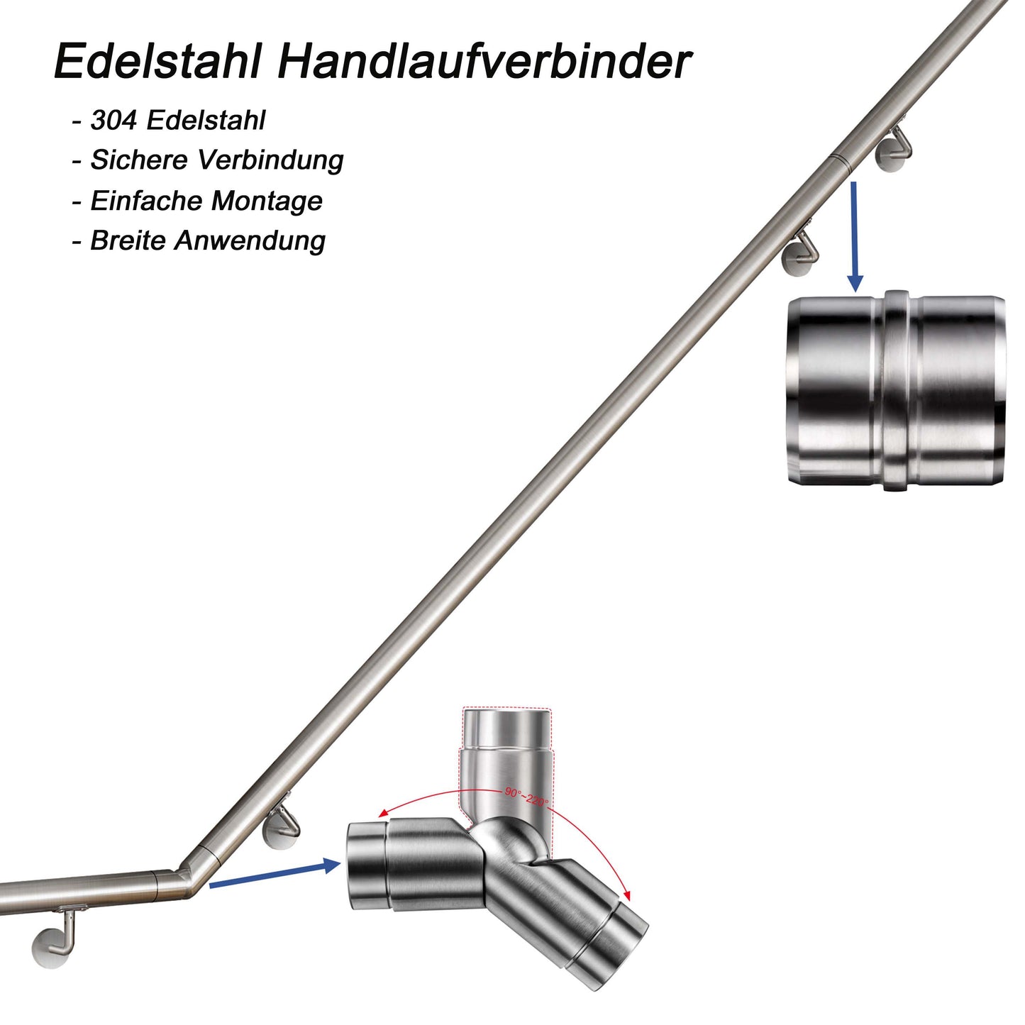OZEAN Edelstahl Wandhandlauf Set - Silber - 80cm bis 200cm | Treppengeländer für Innen & Außen