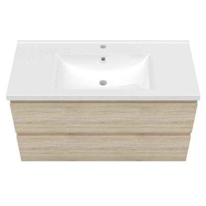 Badmöbel Set 100 cm  Vormontiert Eiche Natur Waschbecken mit Unterschrank inkl. 2-Schubladen Soft-Close Funktion