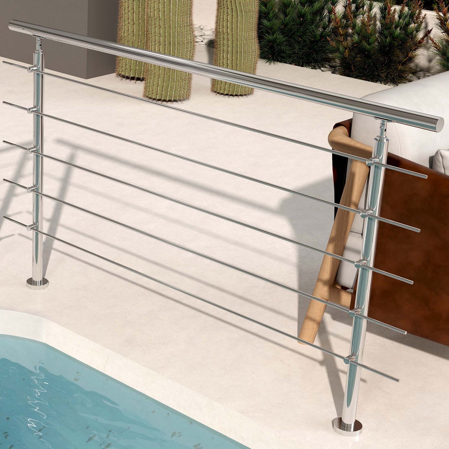 OZEAN Treppengeländer Edelstahl mit 5 Querstreben | 80 - 200 cm | 1.8mm Wandstärke Bodenmontage Silber