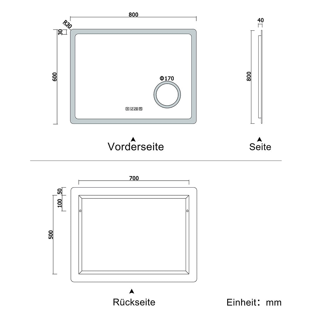 LED Spiegel 80x60 cm Uhr LED Schminkspiegel dimmbar Kalt/Neutral/Warmweiß TOUCH BESCHLAGFREI Wandspiegel