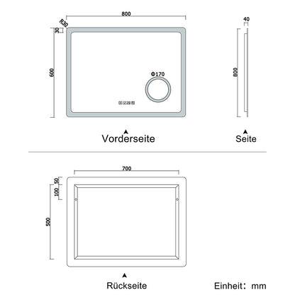 LED Spiegel 80x60 cm Uhr LED Schminkspiegel dimmbar Kalt/Neutral/Warmweiß TOUCH BESCHLAGFREI Wandspiegel