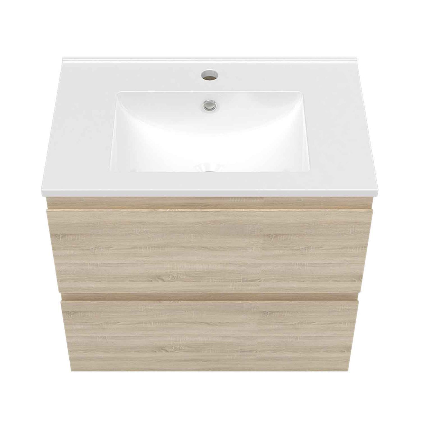Badmöbel Set 60 cm  Vormontiert Eiche Natur Waschbecken mit Unterschrank inkl. 2-Schubladen Soft-Close Funktion