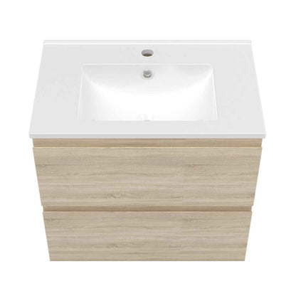 Badmöbel Set 60 cm  Vormontiert Eiche Natur Waschbecken mit Unterschrank inkl. 2-Schubladen Soft-Close Funktion