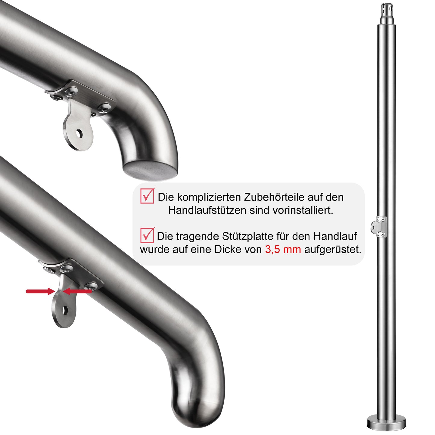 OZEAN Eingangsgeländer Edelstahl verstellbar für 2-5 Stufen | 3.5mm verstärkte Platte | Silber/Schwarz