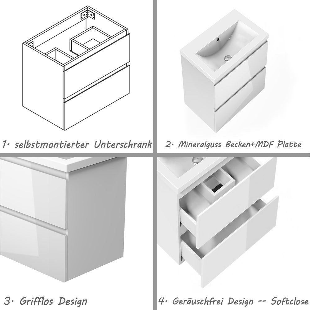 Badezimmermöbel 50cm Mineralguss Waschtisch mit Unterschrank Badmöbel set Badezimmerschränke mit 2 Soft-Close Schubladen Hochglanz Weiß