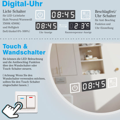 LED Badspiegel Rund 60cm mit Touch/Wandschalter Beschlagfrei Kalt/Neutral/Warmweiß Dimmbar Badezimmerspiegel mit Uhr und 3-Fach Kosmetikspiegel IP44