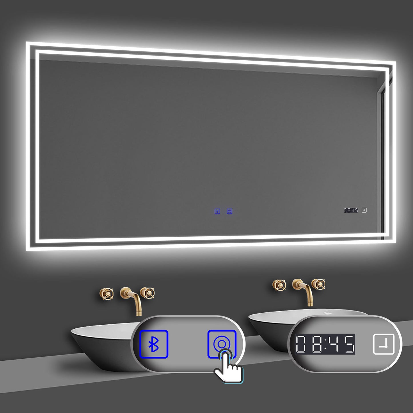 LED Badspiegel 120x70 cm Bluetooth Uhr TOUCH BESCHLAGFREI Wandspiegel Kalt/Neutral/Warmweiß ,Dimmbar